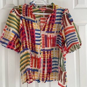 THML Sz L Multicolor Striped Puff Sleeve Blouse